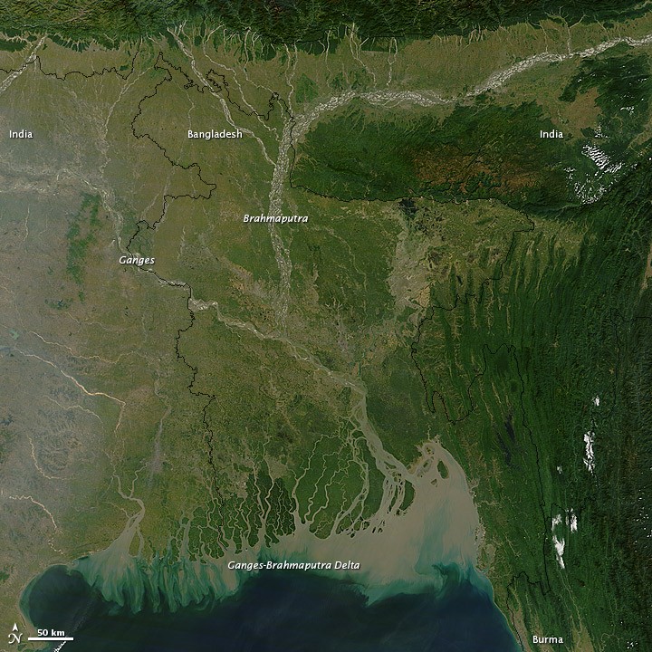 A section of Brahmaputra River from Space (Image: NASA, Public domain, via Wikimedia Commons)